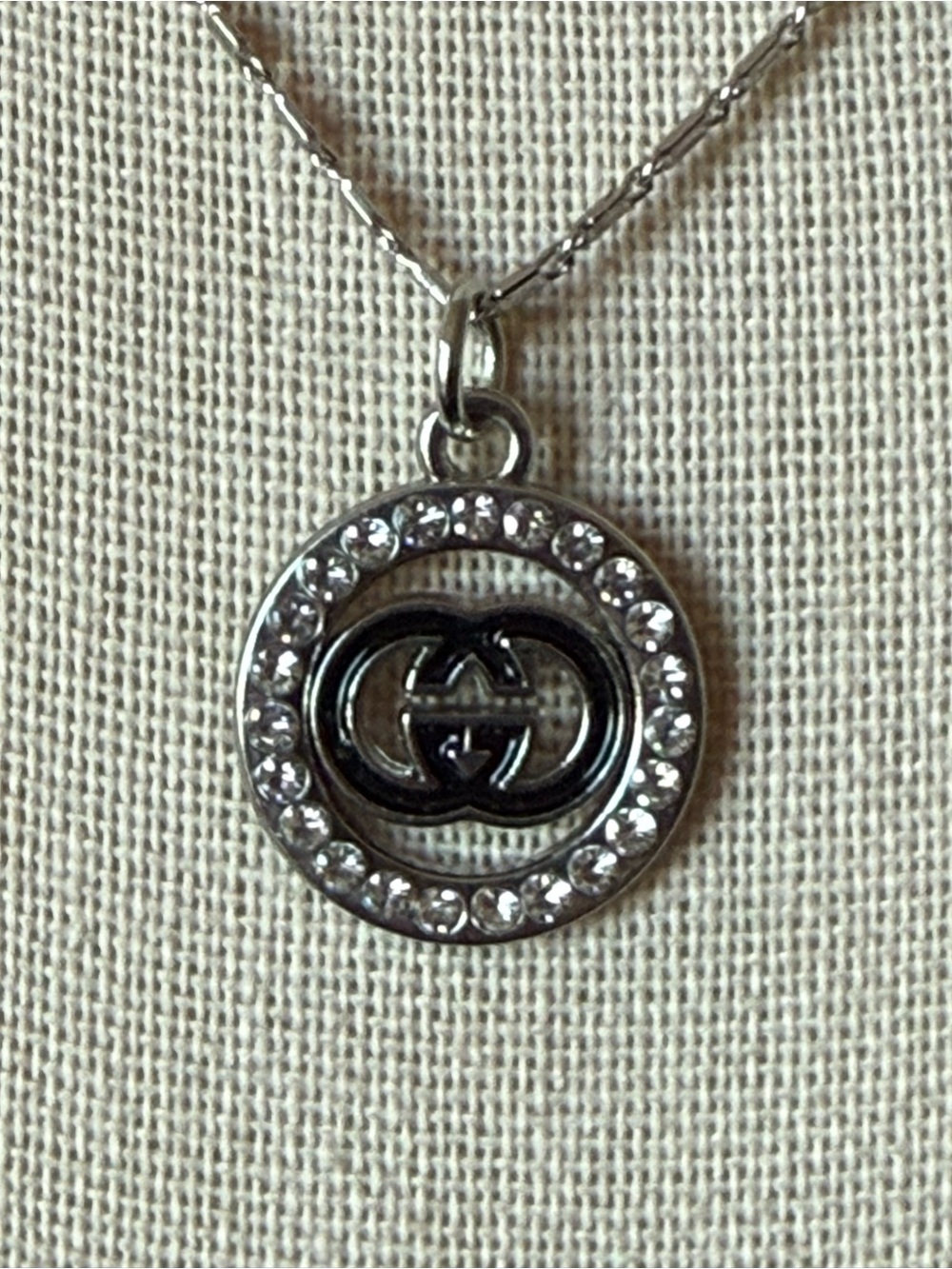 Silver Tone Chain Necklace - Interlocking GG Logo Medallion with Crystals  18”
